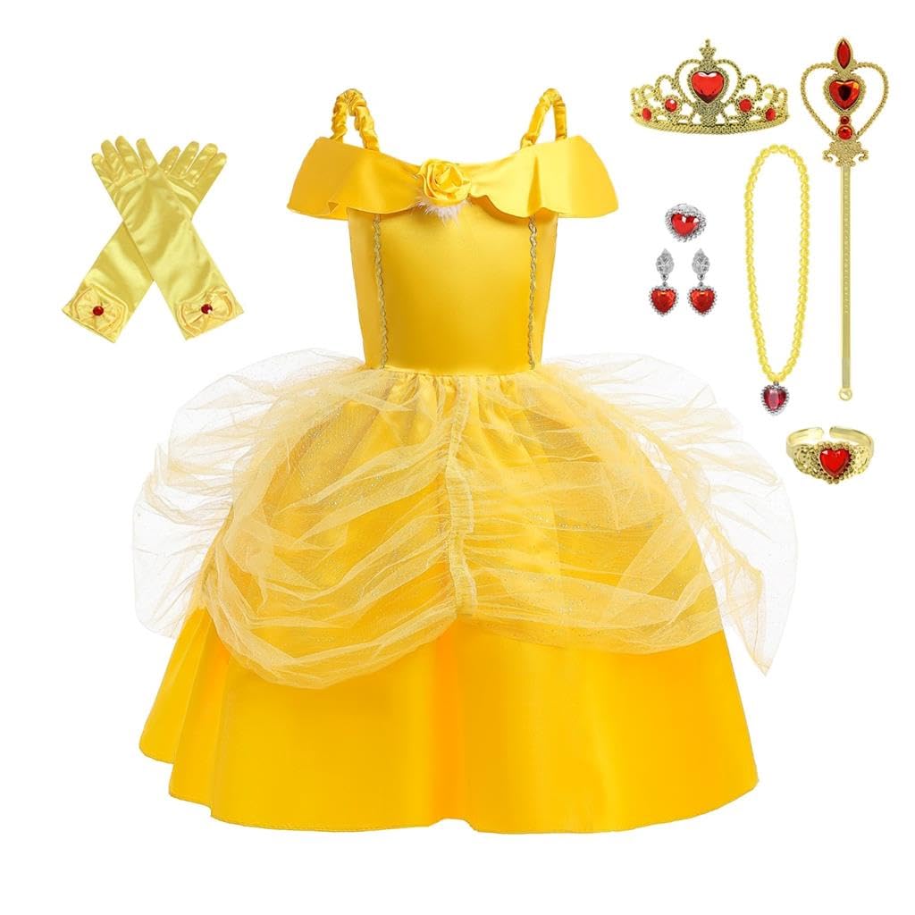 Lito Angels Princess Belle Costume Party Fancy Dress Up with Accessories for Girls Kids Age 8-9 Years, Style A