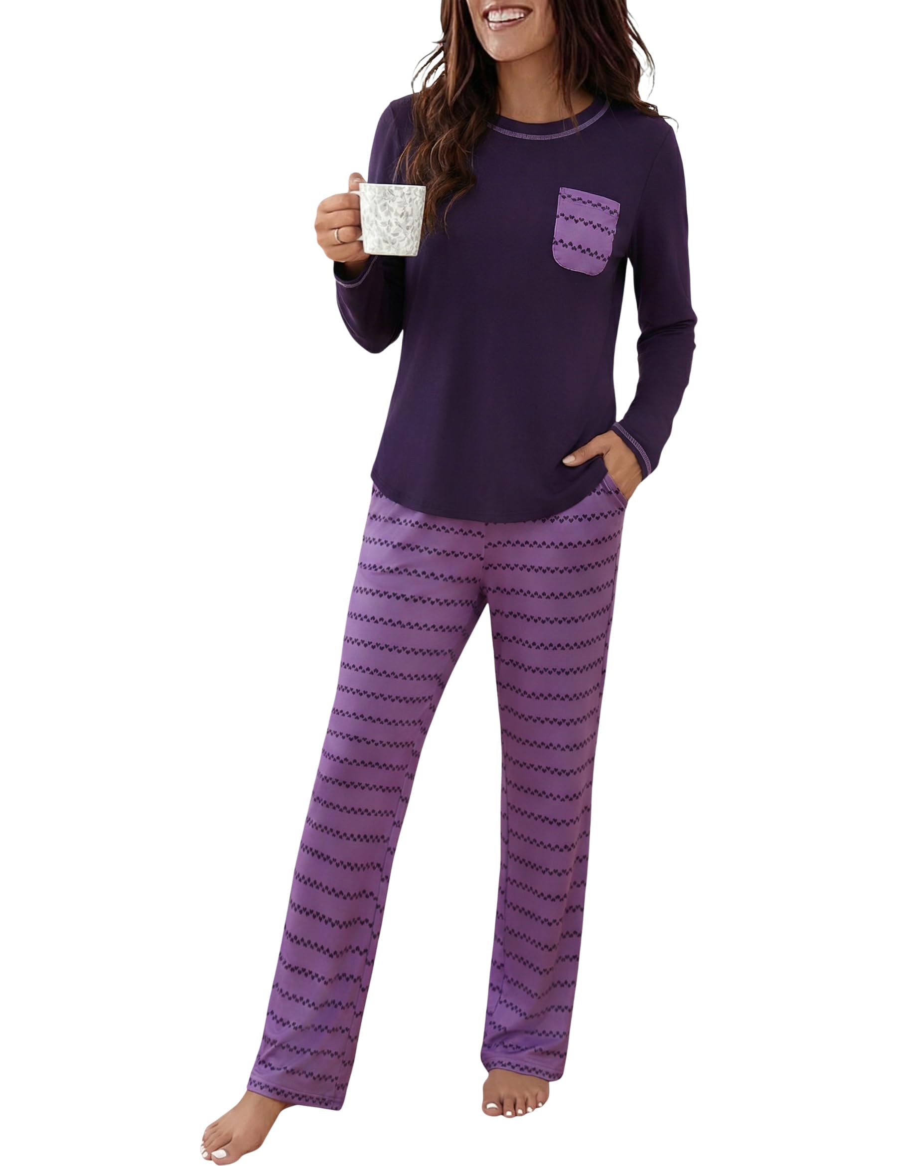 Demegimi Damen Schlafanzug Lang Pyjama Winter Nachtwäsche Baumwolle Pyjamaset Zweiteiler Rundhals Langarm Sleepwear S-XXL