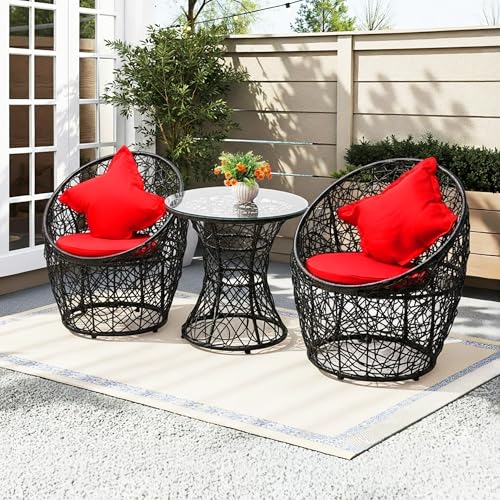 Image of DEVOKO 3-Piece Netted Rattan & Wicker Patio Mudda Chairs and Glass Top Table with All Weather Waterproof Cushion for Garden, Pool, Balcony, Lawn (Black & Red)