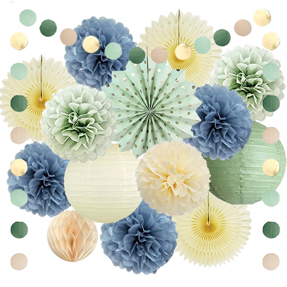 Dusty Blue Sage Green Party Decorations Ivory Sage Green and Dusty Blue Party Decorations Baby Shower Bridal Shower Decor Pastel Yellow Paper Fans Beige Poms for Birthday Engagement Bachelorette