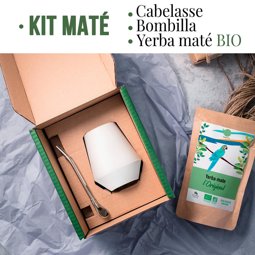 ORIGEENS CALEBASSE MATÉ - Conditionné en France - Kit Mate Complet avec Tasse Maté Céramique Artisanale (Portugal), Bombilla, Yerba Mate BIO inclus - Coffret Cadeau