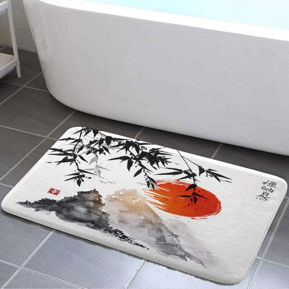 NYMB Japanese Bamboo Trees Sun and Mountains Bath Rugs Non-Slip Floor Entryways Outdoor Indoor Front Door Mat, Asian Fuji Mountain Bath Mat Bathroom