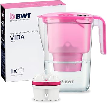 BWT water filter jug Vida Pink 26 liter – included cartridge not only filters lime chlorine lead and copper but also enriches your tap water with magnesium