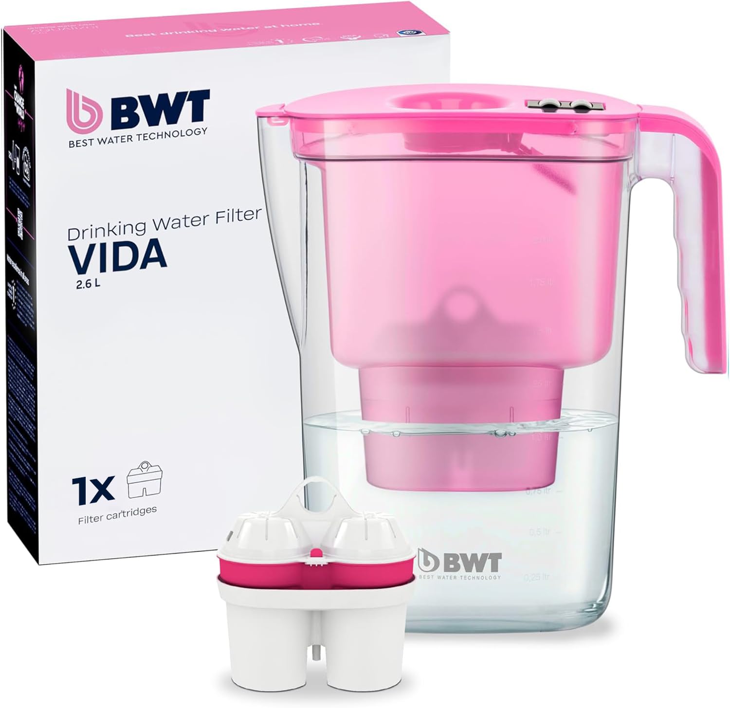 BWT Vida Water Filter Pink 2.6 L | Filter with 1 Magnesium Filter Cartridge | Water Filter Drinking Water | for Food & Drinks | Filters Limescale, Chlorine, Lead & Copper