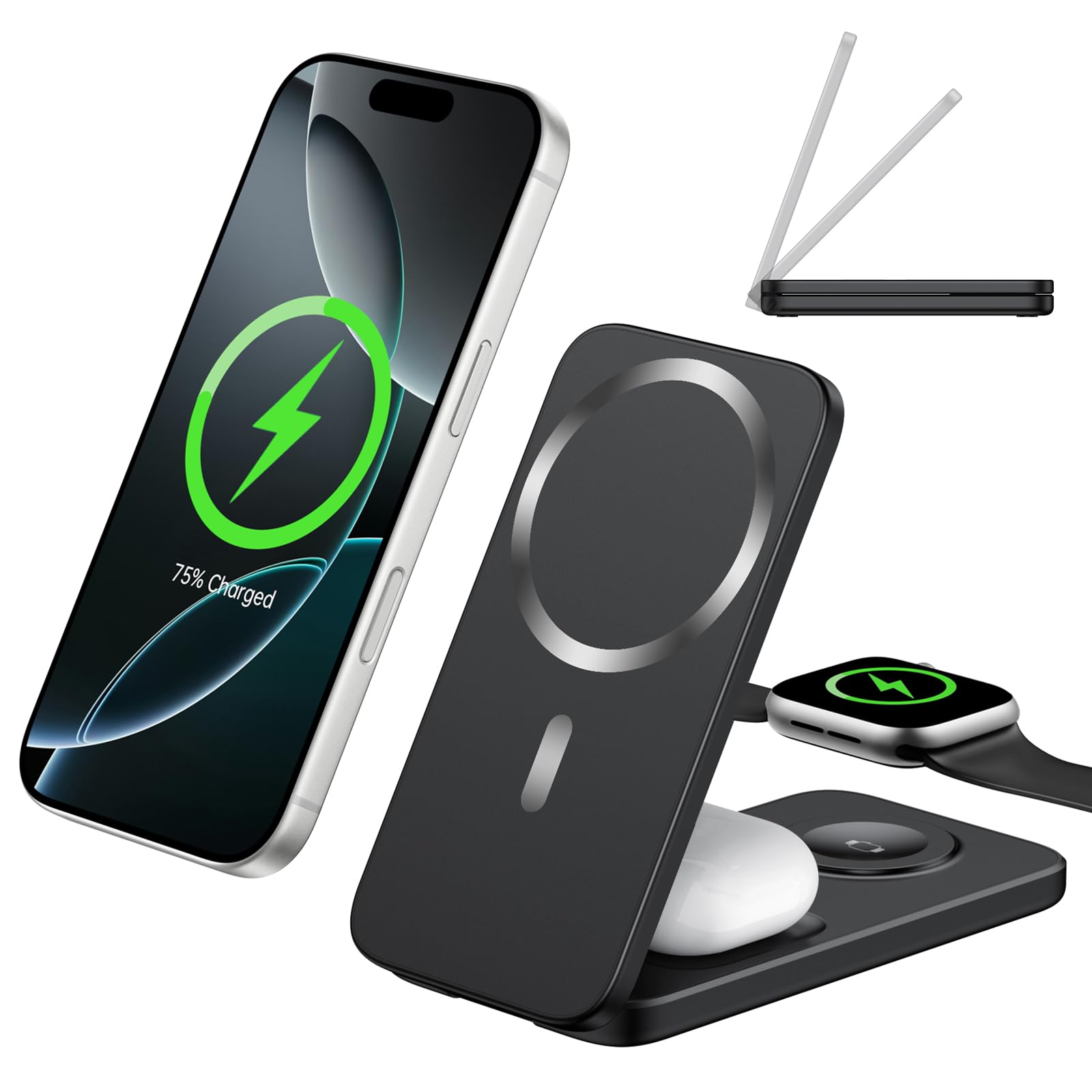 XNYAND Compatible MagSafe 3 in 1 Wireless Charging Station for Apple, Magnetic Foldable Charger Stand for iPhone 17/16/15/14/13/12 Pro Max, Apple Watch Ultra/Series & AirPods Pro Fast Charging Dock