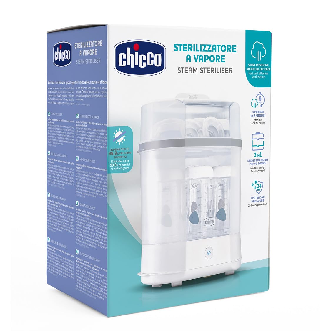 Chicco Modularer Dampfsterilisator 3 in 1, Babyflaschen-Sterilisator, Einstellbarer Dampfsterilisator für Babyflaschen, für Mikrowelle, mit 3 Konfigurationen, Schnelle und Einfache Anwendung