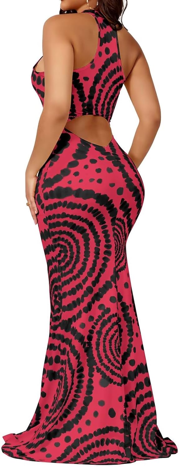 EDITCOZY Women Sexy Bodycon Maxi Dress Tie Dye Beach Summer Dresses Halter Backless Vacation Long Sundress