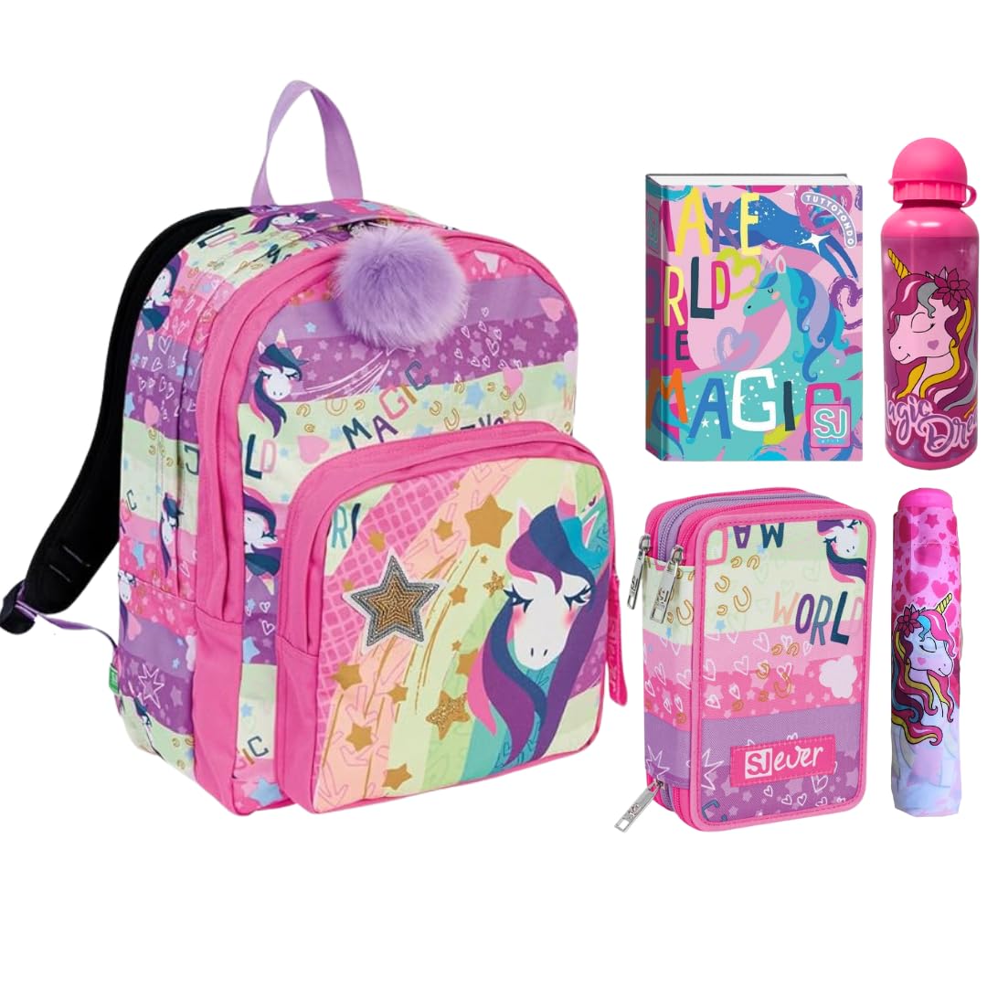SJ Gang Set Scuola Unicorno, Zaino con Doppio Scomparto, Astuccio 3 Zip, Diario, Borraccia e Ombrello, Rosa e Viola