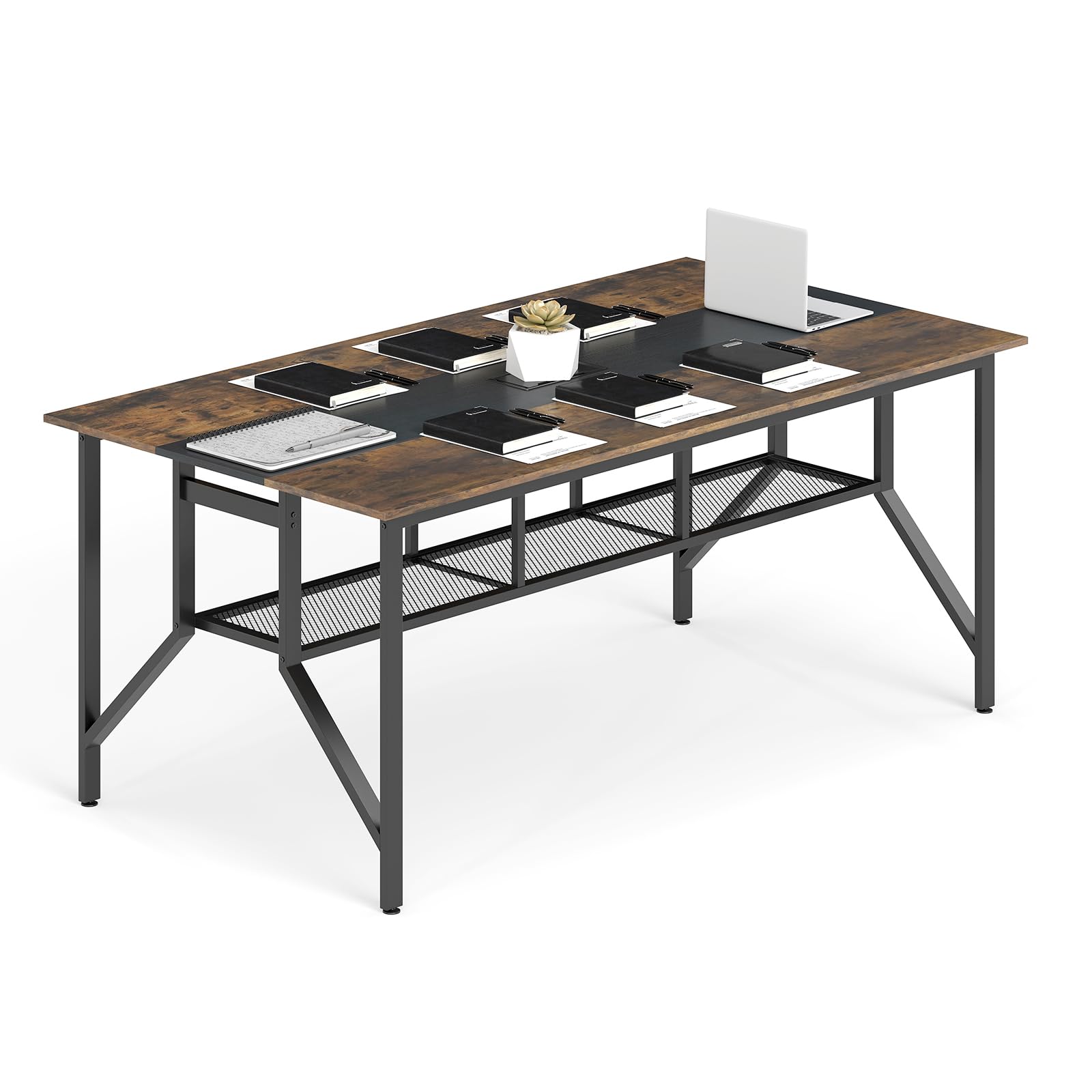 GIANTEX Table de Conférence, Grande Table de Réunion Rectangulaire pour 6 à 8 Personnes, avec Passe-Câbles et Étagère de Rangement, Poste de Travail pour Salle de Réunion, Bureau, 180 x 96 x 76 cm
