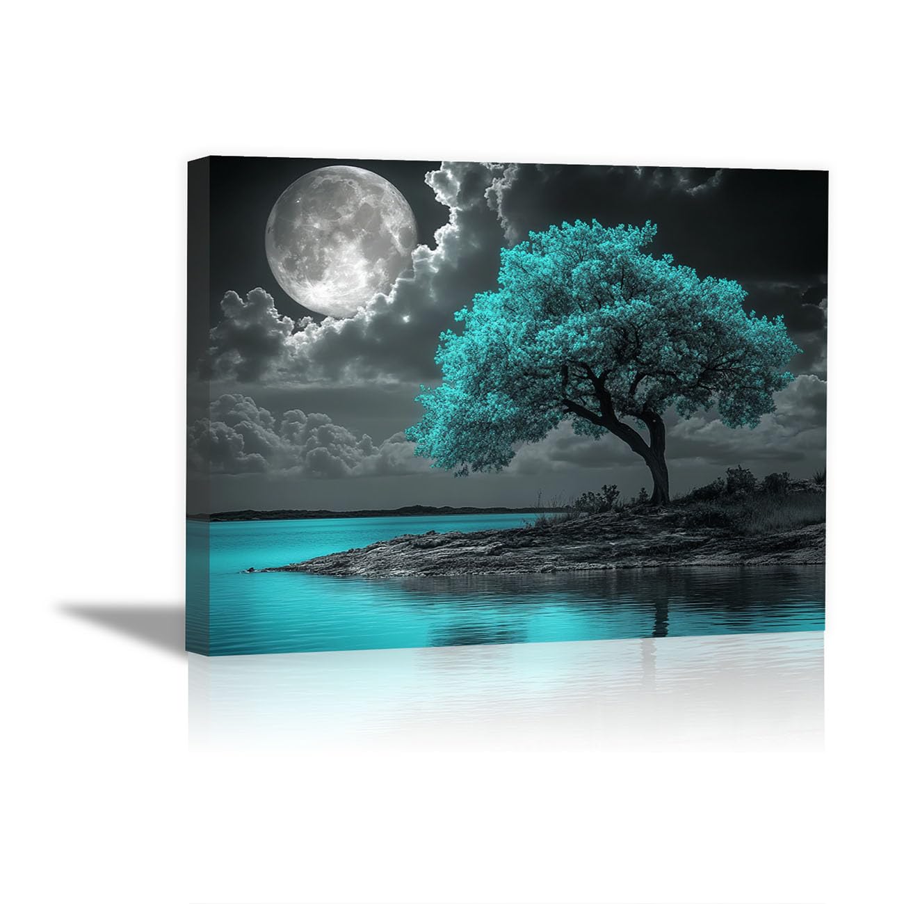 HOQIU canvas wall art Tree painting by the lake under the moon tree poster, landscape wall art, for Living Room Bedroom Bathroom.(blue)-70x100cm Framed