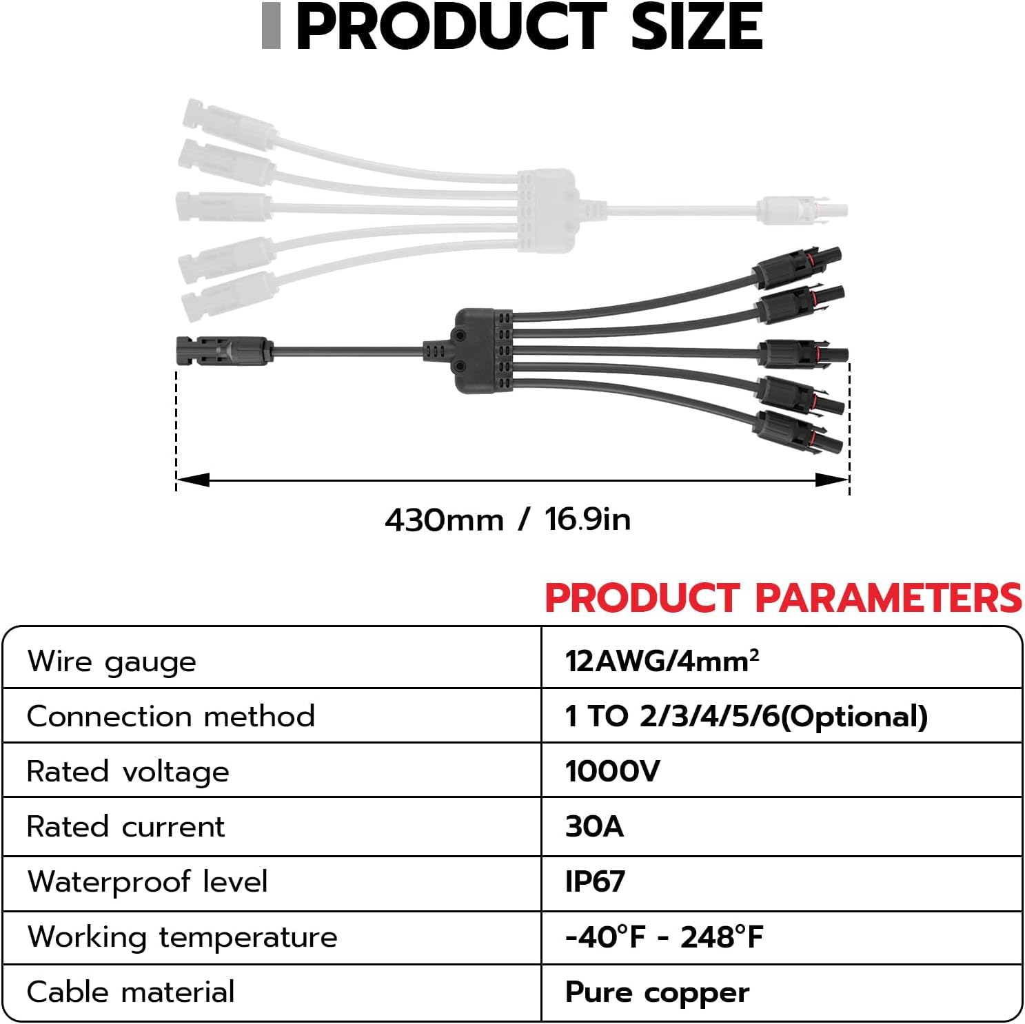 1 Pair Solar Connectors Y Branch,1 to 5 Solar Parallel Connector for Solar Panels,30A 1000V Solar Panel Splitter for Solar Cable
