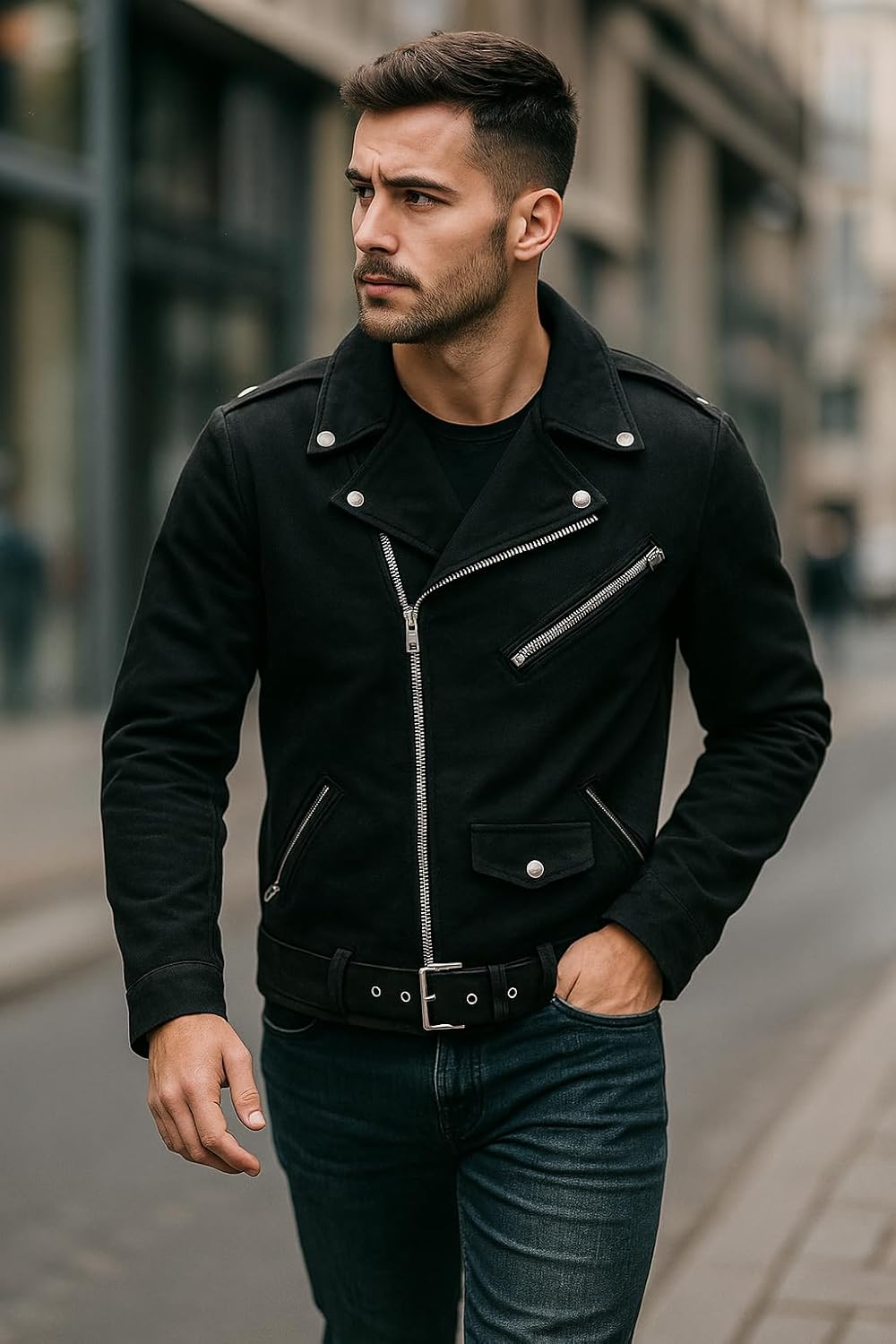 Men’s Punk Gothic Black Brando Vintage Motorcycle Jacket - Classic Streetwear Rock Style Cotton Belted Biker Coat - Image 3