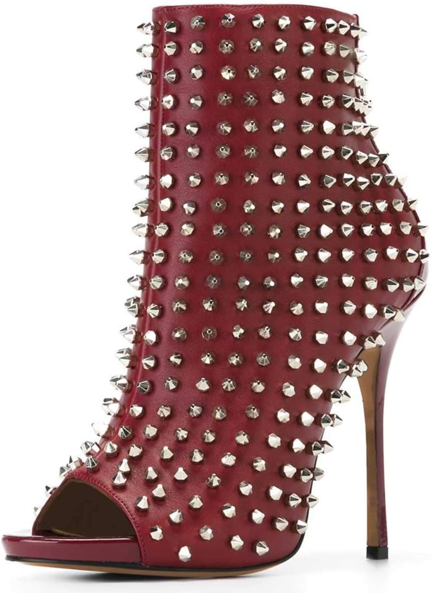 XYD Women Peep Toe High Heels Ankle Boots Rivet Studded Zip Up & Pull On Dress Booties Shoes