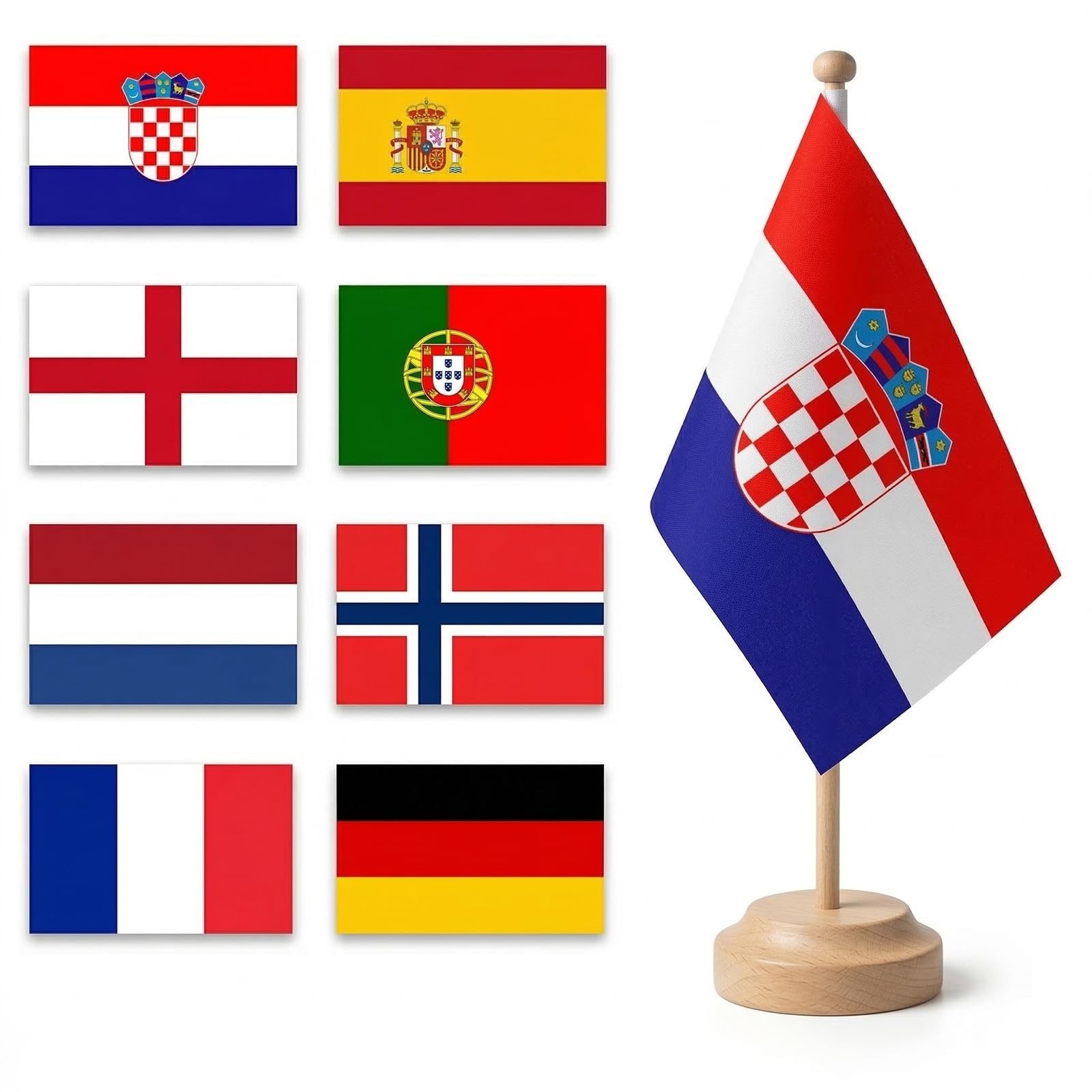 Bandera de Mano 2026 Copa del Mundo Fútbol, 8 Países 30cm Palo, Doble Cara Decoración Mundial