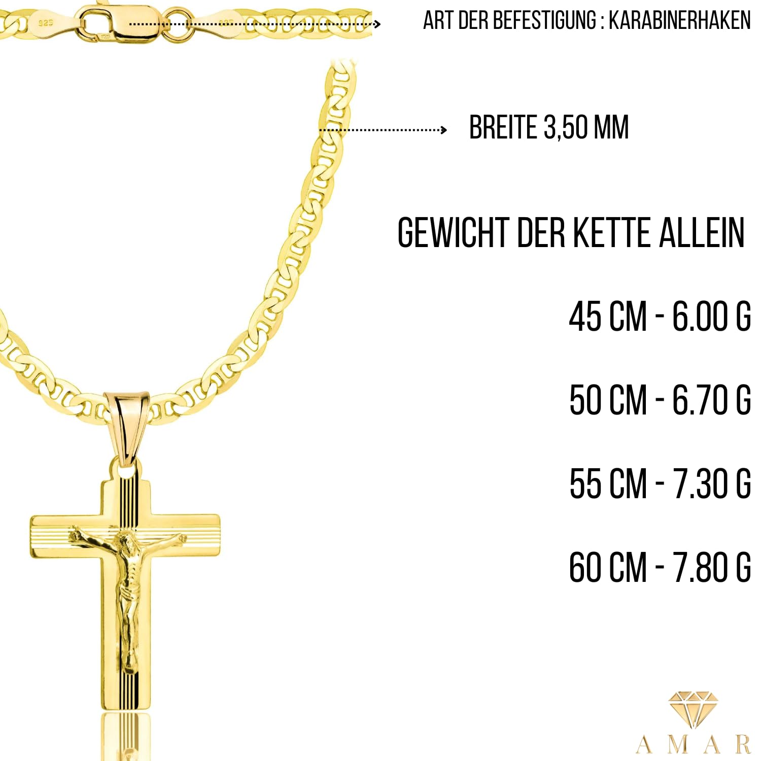 AMAR PRAGNA Gold Damen/Herren Kette mit einem 925/585 Kreuz, original geflochten, Breite 3,8 mm, Goldkette- Halskette, kreuz kette gold 585
