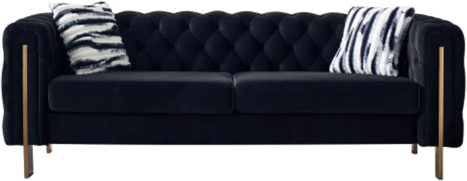 Modern Tufted Velvet Sofa with Chesterfield Design, Gold Metal Legs, Plush Cushions, and Reinforced Wood Frame Versatile Living Room Furniture for Contemporary Spaces Black-1