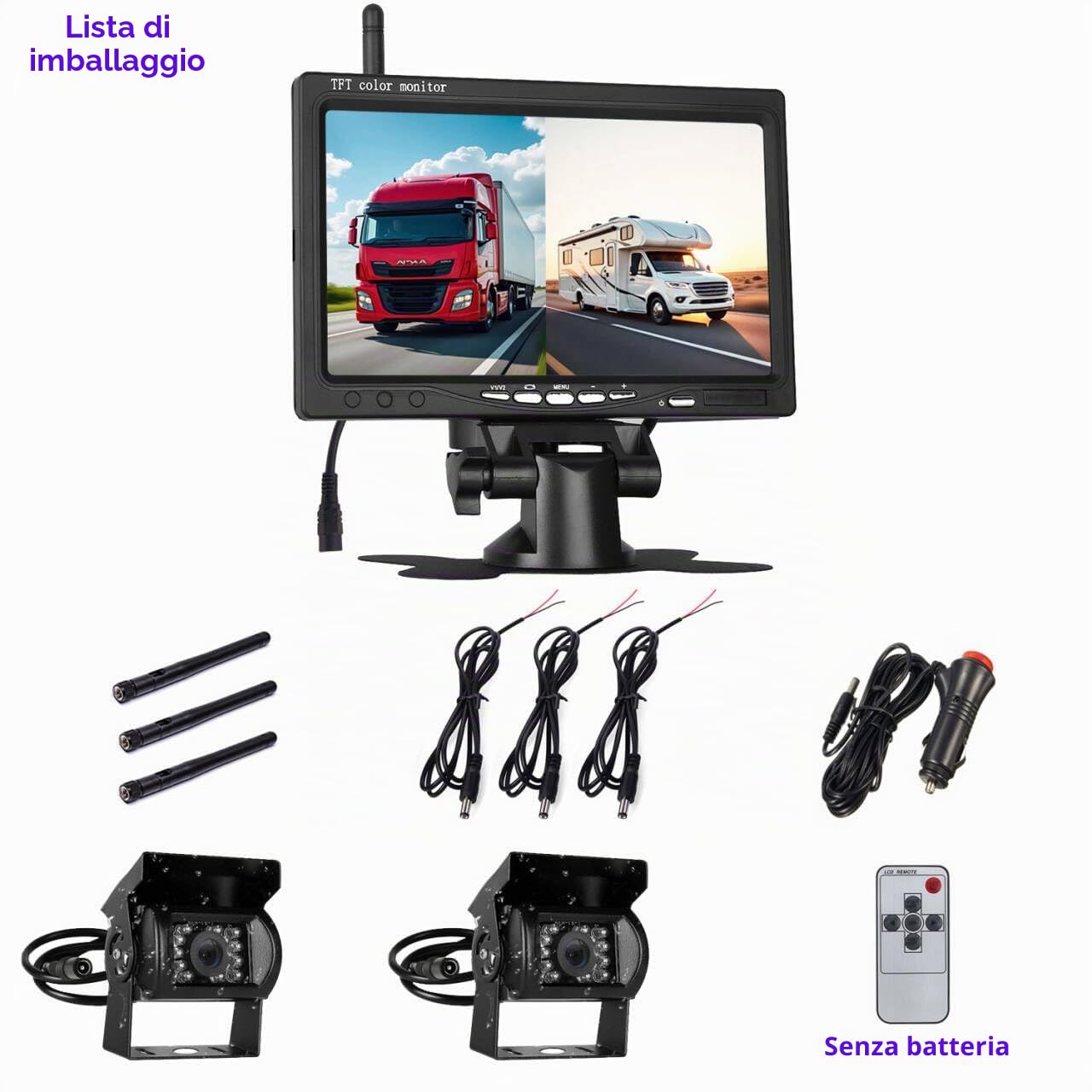 Sistema di telecamera di retromarcia digitale wireless, monitor AHD da 7 pollici con schermo diviso con impermeabilità IP69, telecamera per retromarcia IR visione notturna doppia telecamera posteriore