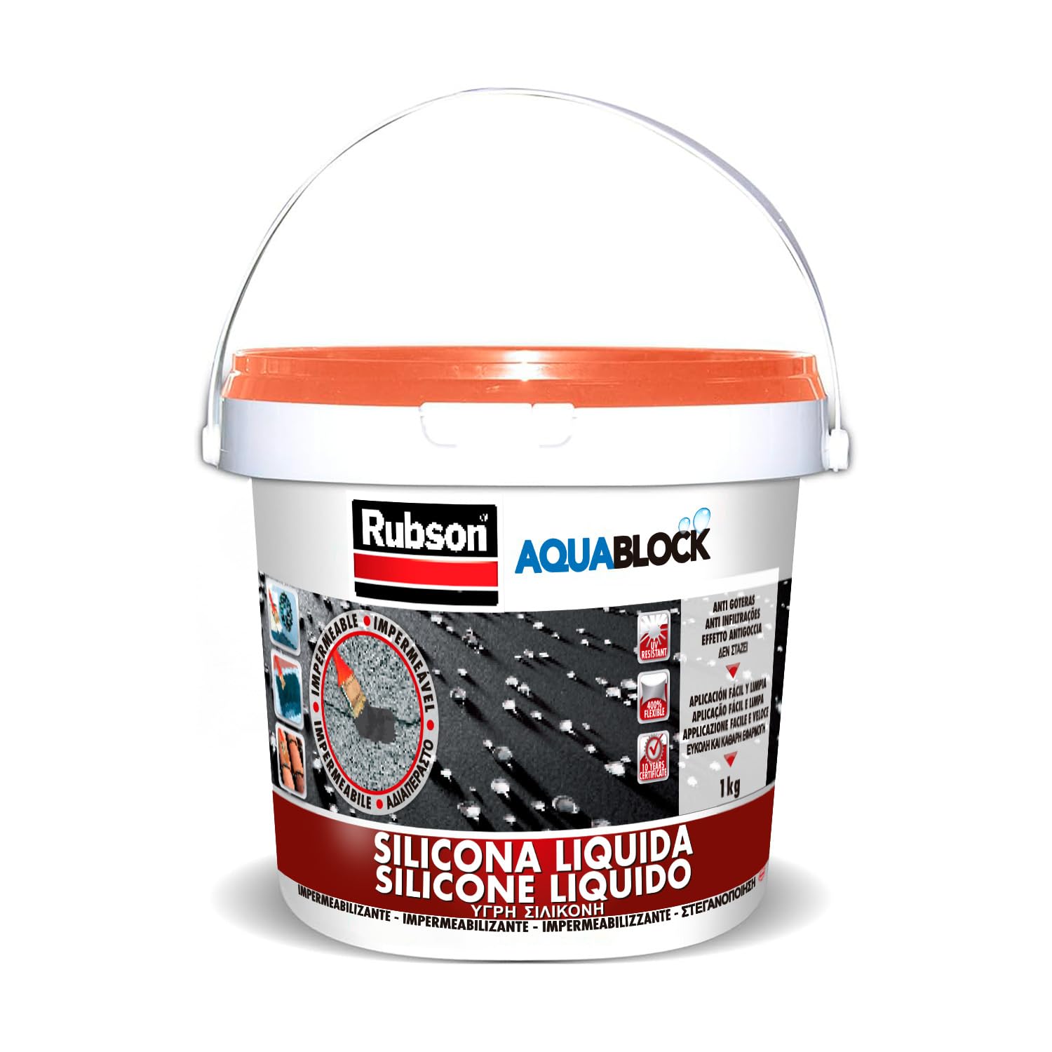 RUBSON Aquablock Silicone Liquido SL3000, Guaina liquida impermeabilizzante a base d'acqua, Sigillante isolante impermeabile tecnologia Silicotec, Silicone impermeabile, 1 Confezione da 1 kg