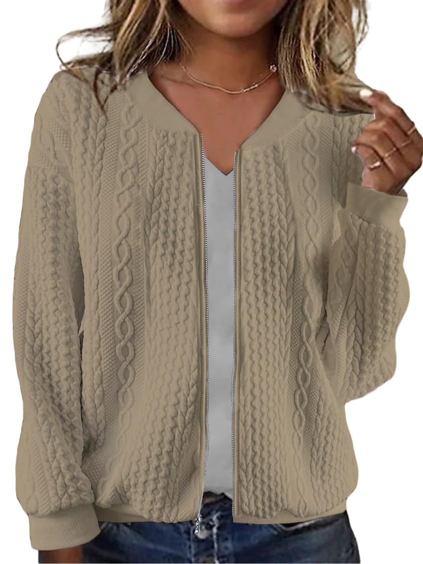 WROLEM Women's Zip Up Cardigan Sweater Cable Hoodies Long Sleeve Jacket Outfits Crewneck Casual Coat