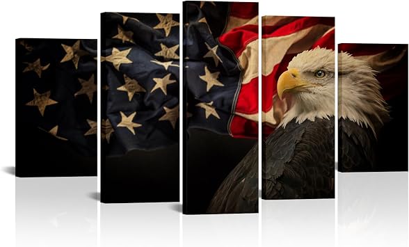 VVOVV Wall Decor American Flag Wall Decor Large Wall Pictures Canvas Wall Art Men Room Decor Patriotic Home Decor, Framed Artwork Ready to Hang 5 Pieces Overall 60x32inch