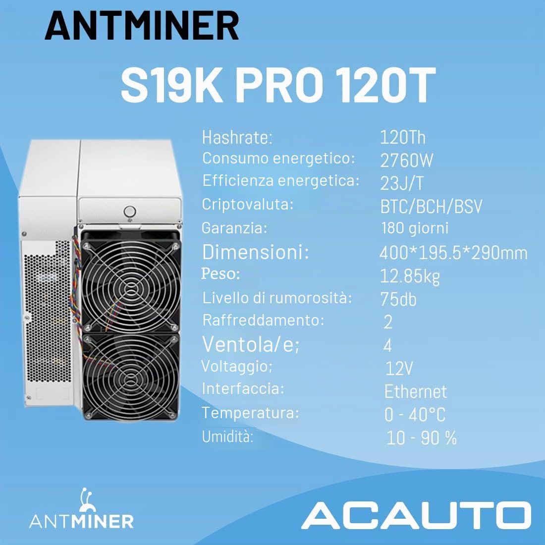Bitmain Antminer S19K Pro 120T | Minatore ASIC BTC ad alta efficienza da 2760 W con raffreddamento ad aria e alimentatore incluso - ACAUTO