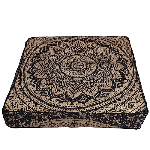Black Gold Printed Mandala Floor Cushion 35x35 LARGE Pillow Cover - Image 2