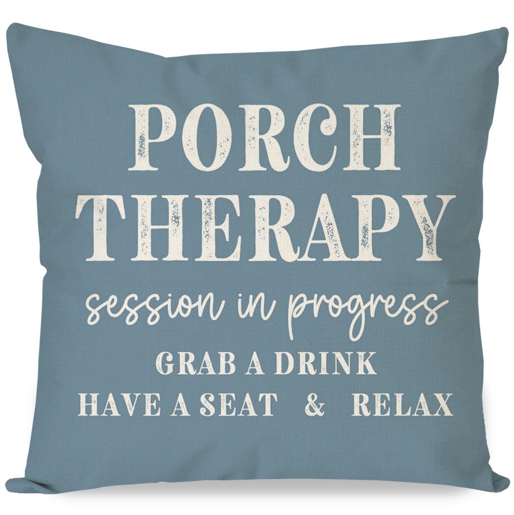 PANDICORN Farmhouse Throw Pillow Covers 18x18 Inch Porch Therapy Session in Progress Dusty Blue Outdoor Fall Winter Front Porch Decorations Decorative