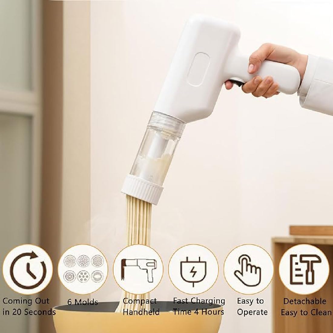 Idiyappam Maker Electric 2025 New Nudelmaschine Handheld Tragbar mit 6 Nudelscheiben Aufladbar für hausgemachte Spaghetti