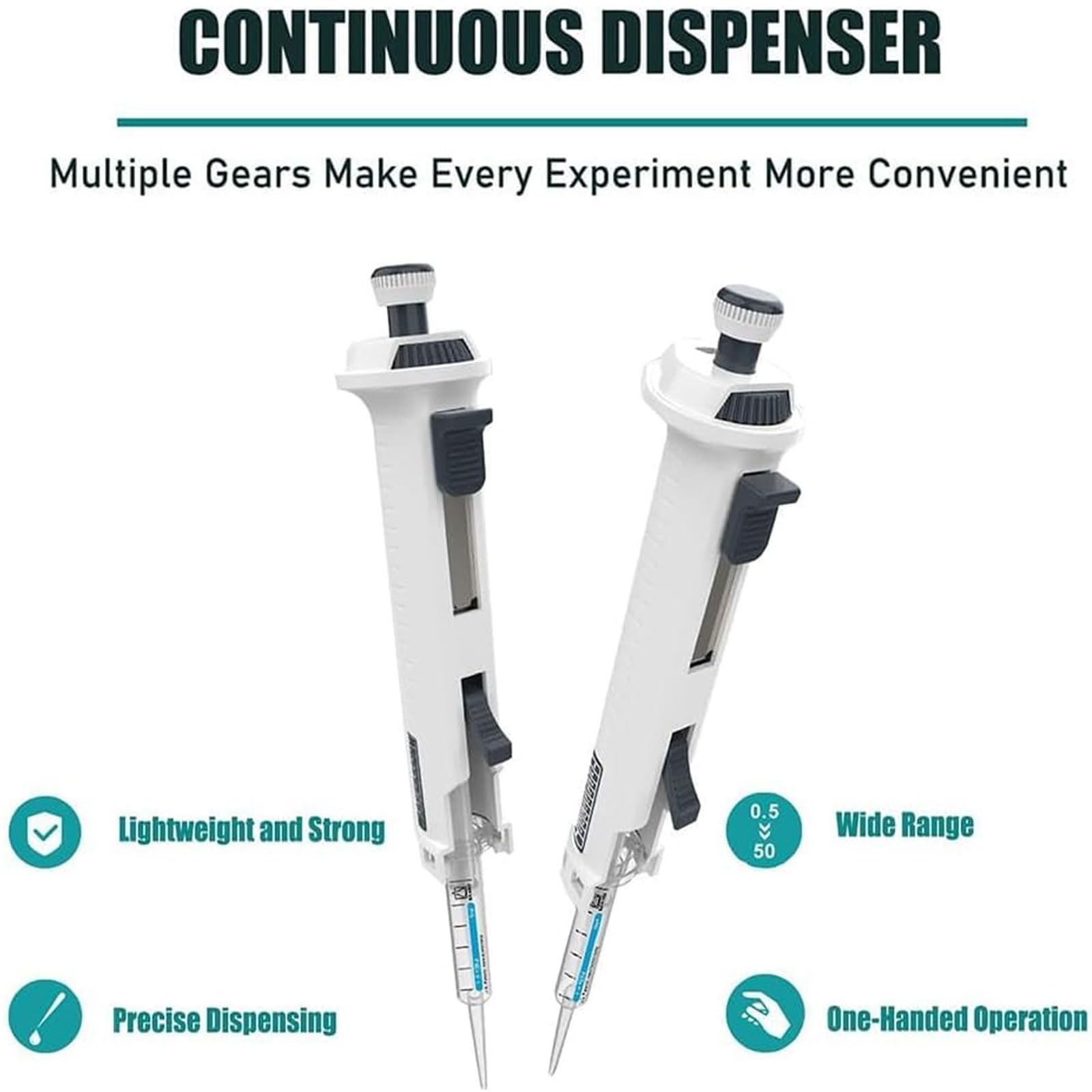 JOSBY Pipetas continuas de 0,5 ml a 50 ml (48 Unidades), dispensador de Laboratorio de Volumen Ajustable, pipetas monocanal con Puntas de 5 ml, pipeta de 5 velocidades, posición de Engranaje Visible