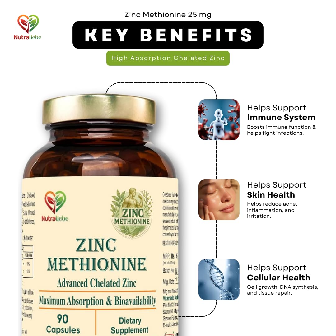 Zinc Methionine 25 mg – High Absorption Chelated Zinc Supplement – Supports Immune Health, Skin, Hair 90 Capsules — Amazon image 3