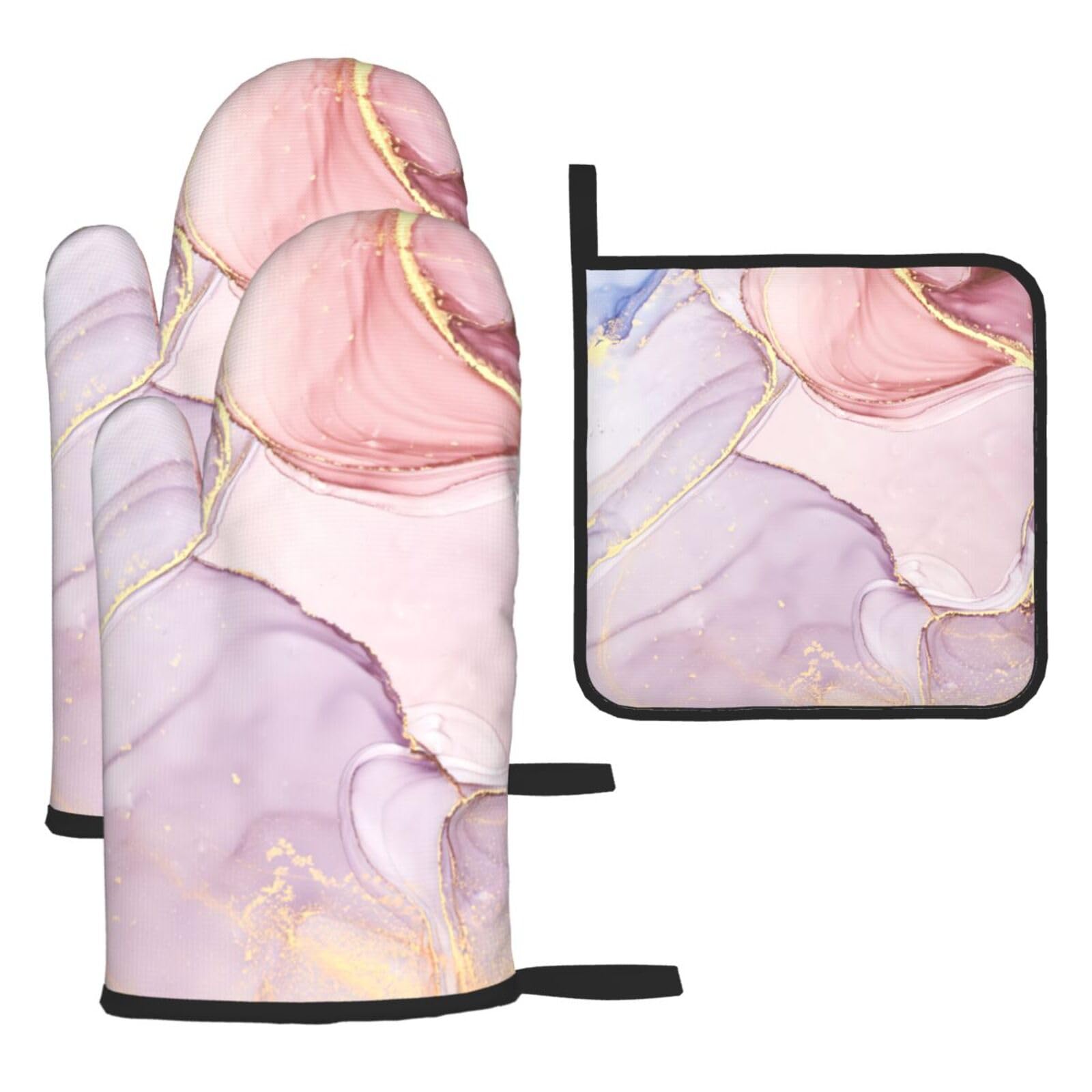 Purple And Gold Marble Print Oven Kitchen Gloves For Baking Outdoor Grilling Home Use Mitts Microwaving Bbq