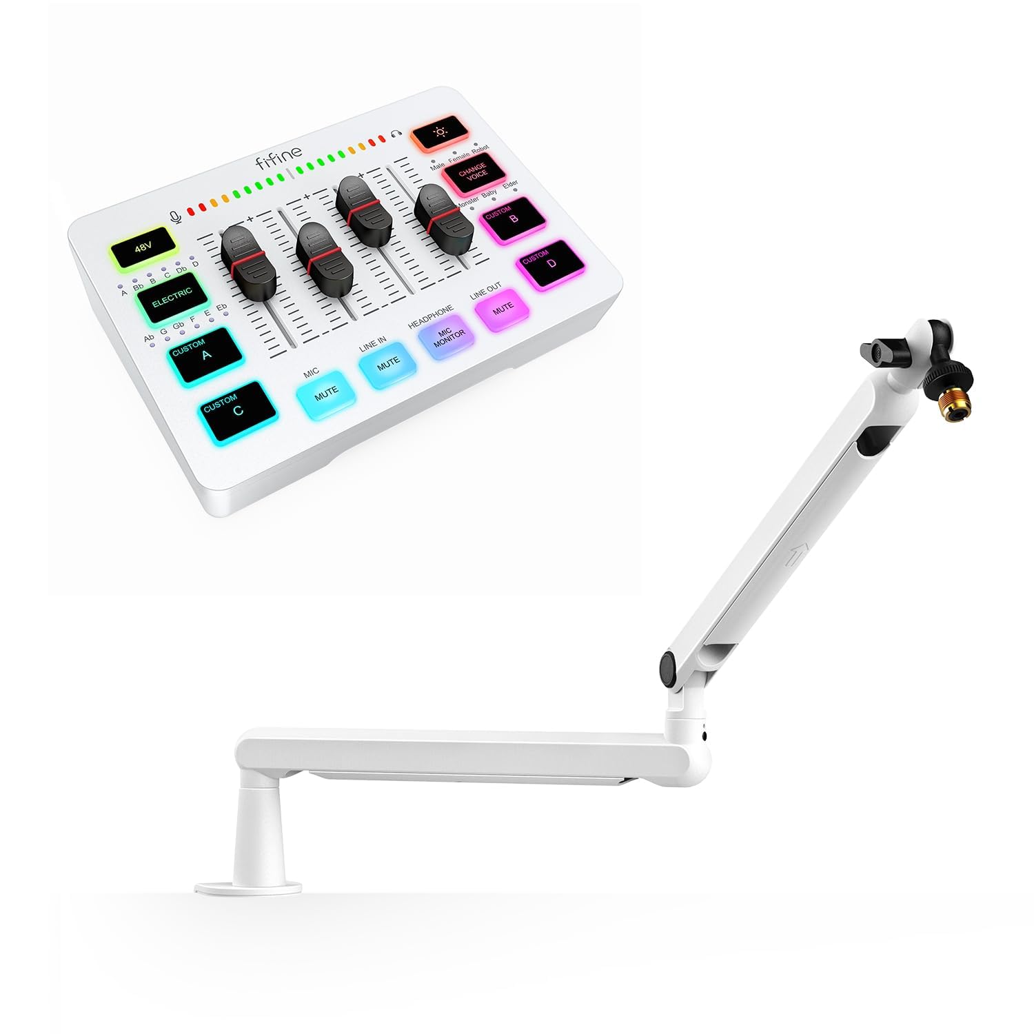 FIFINE Audio Mixer and Arm Mic Stand Set,Gaming Streaming PC Mixer with Slider Fader,Monitoring,Low Profile Stand with Desk Mount, Cable Management for Recording Game Video Creation(SC3W+BM88W)