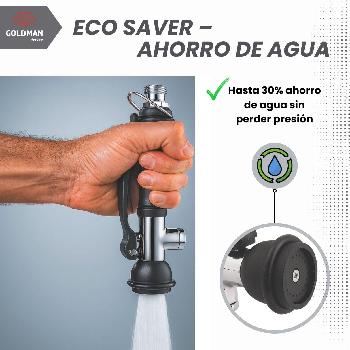 GOLDMAN SERVICE | Grifo Pulverizador Profesional Fregadero Cocina Industrial y Hogar | Mango Ergonómico Eco Saver | Cabezal Rociador Acero Inoxidable Hostelería Restaurantes