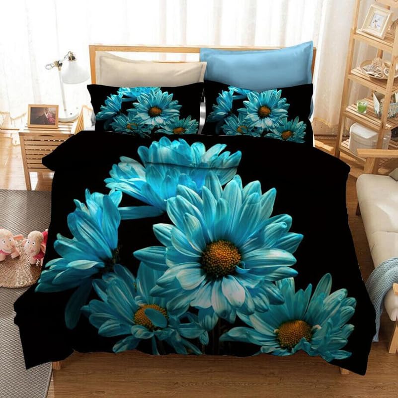 Parure de lit 240 x 260 cm marguerite noire avec 2 taies 65x65 en microfibre