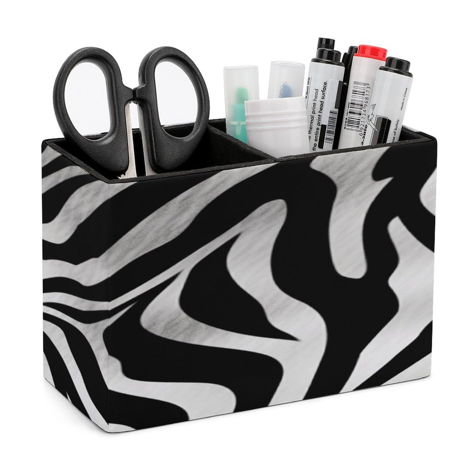 FekiLoot Zebra Print Leather Pen Holder for Desk Double Compartments Brush Minimalist PU Leather Pencil Holder Locker Organizer for Work Locker Accessories Pencil Cup for Desk