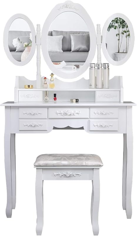 Amazon Homesailing ドレッサー 化粧台 三面鏡 椅子付き 姫系 ドレッサーテーブル 7杯引出し 収納たっぷり 組立品 ドレッサーデスク 天然木脚 猫脚 3面鏡 鏡台 木製 メイク台 ホワイト 鏡台 ドレッサー オンライン通販