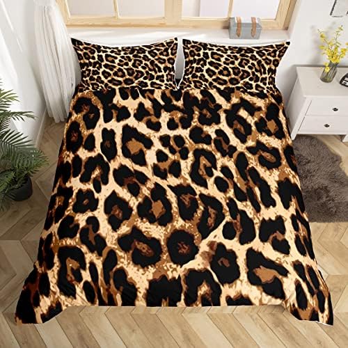 Leopard Print Comforter Cover Set Full Size Cheetah Printed Bed Duvet Cover Black Brown Leopard Bedding Sets for Children Kids Girls Women Bedroom Decorative Africa Wild Animal Theme Bedspread Cover