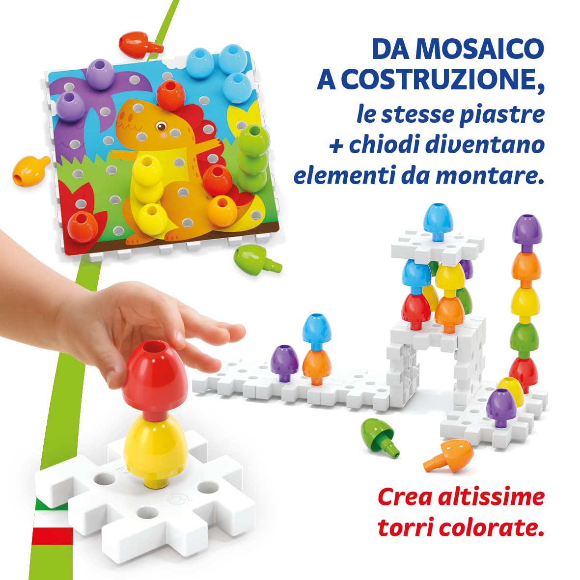 Quercetti Jumbo Peggy Bio, Mosaico Bambini, Giochi Bambini 2 Anni fino ai 5 Anni, Chiodini per Bambini 3 Anni, Costruzioni per Bambini 3 Anni con 36 Chiodini, 9 Piastre e 4 Schede, Made in Italy