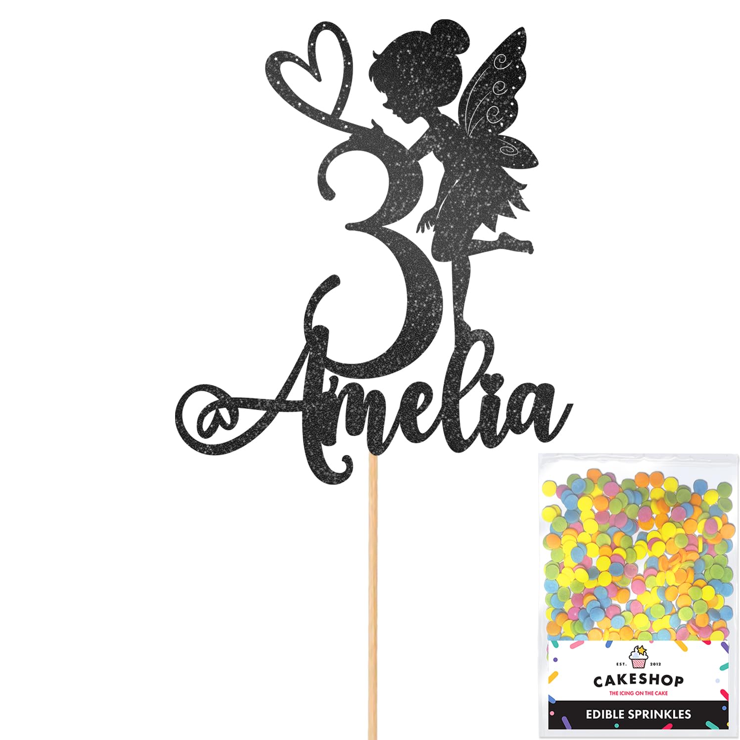 Personalised Fairy Gltter Cake Topper- Black Any Custom Name & Age Glitter Cake Decoration and Sprinkles - Happy Birthday Decorations - Personalised Toppers for Cakes by Cakeshop — image 1