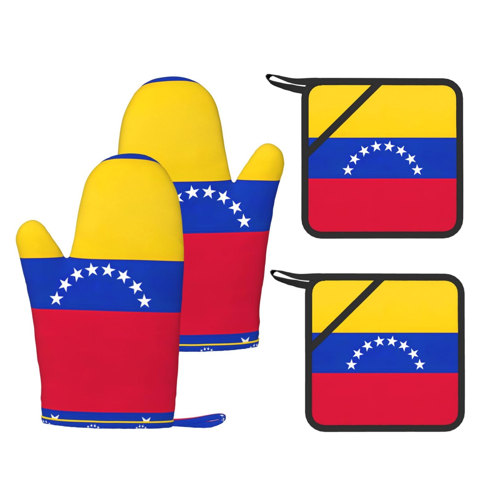 Flag of Venezuela Printed Cooking Mitts and Pot Holders 4 Pcs, Heat Resistant Oven Gloves with Hanging Loop Chef