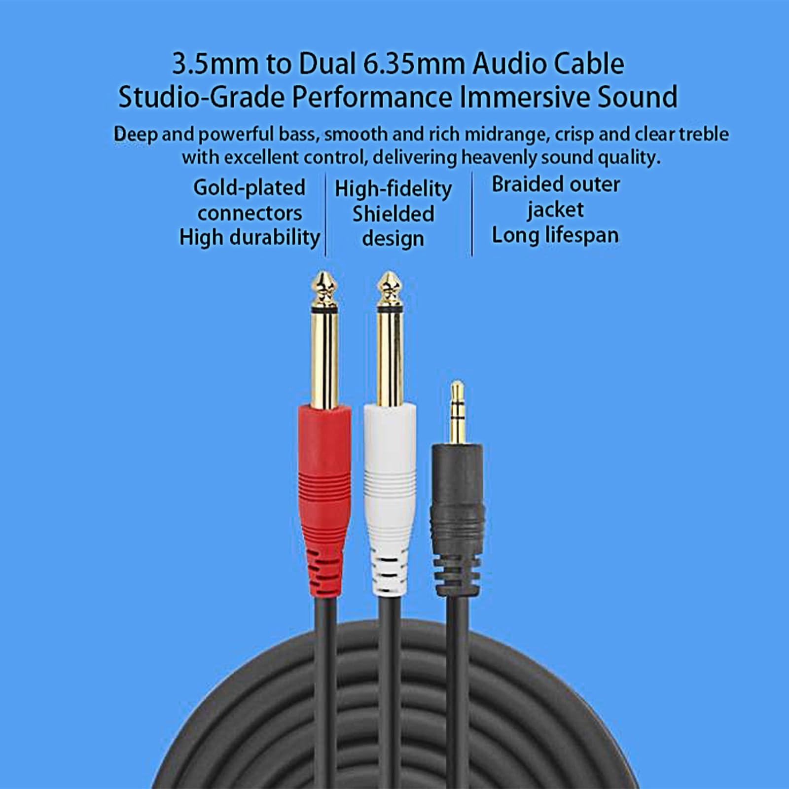Cable de audio estéreo macho de 1/8 pulgadas a doble 1/4 mono macho, 3,5 mm TRS a doble 6,35 mm TS Y cable de separación, chapado en oro, resistente [50 pies]