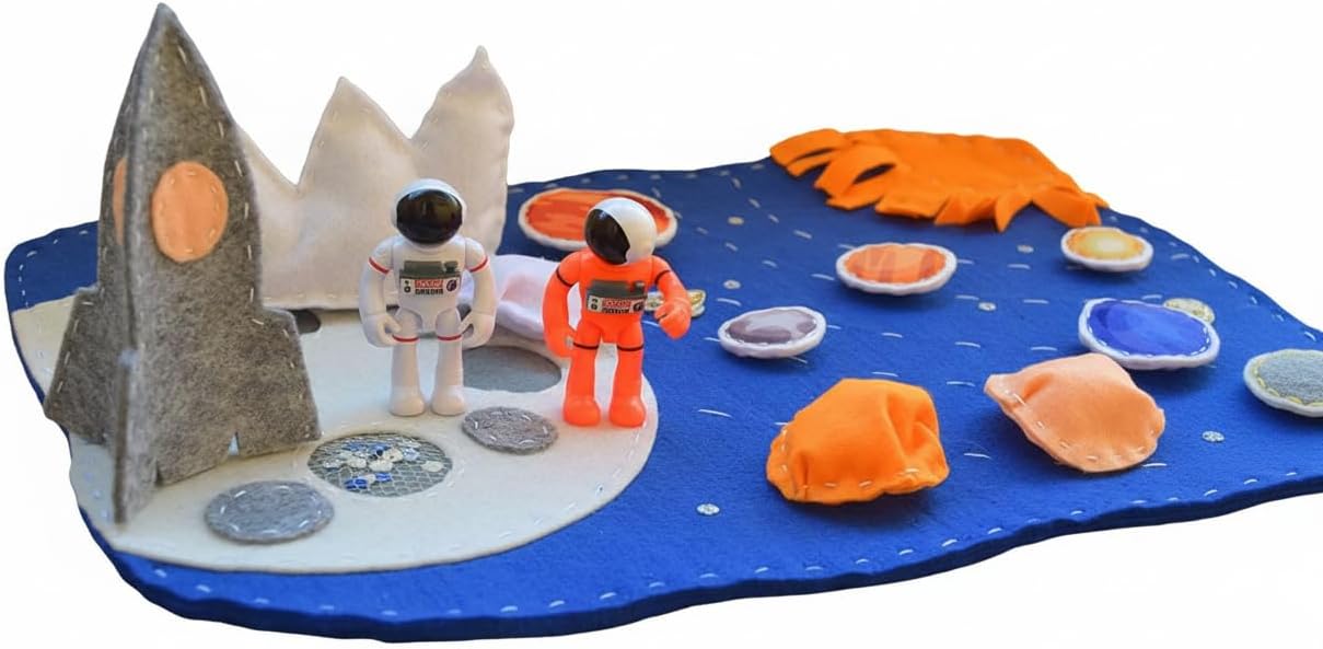 Space Felt Play Mat Small World Playscape Austronaut Rocket Waldorf Play Set Baby Boy Imaginative Play Kit Activity Toy Preschool Galaxy Spaceship Montessori Pretend Play Playset (without austronauts)