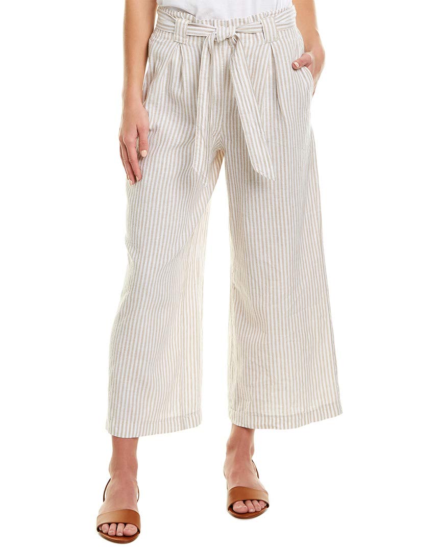 Max Studio Linen Blend Tie Waist Pants Khaki Cream Small Stripe XS 24 5