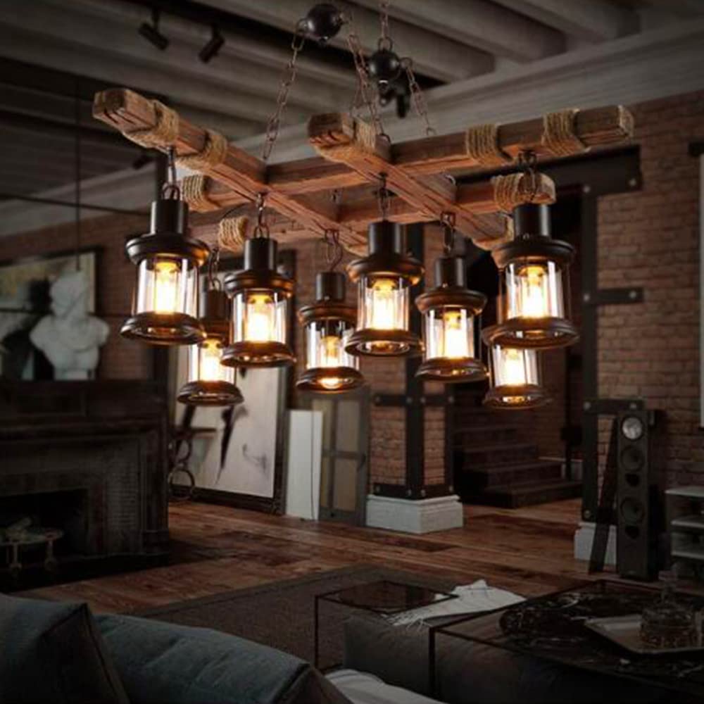 E27 Industrial Vintage Wood Sufit Lampa Wisząca, Regulowana Wysokość Lampa Wisząca, Szklany klosz, Metalowa lampa wisząca do salonu, jadalni, kuchni