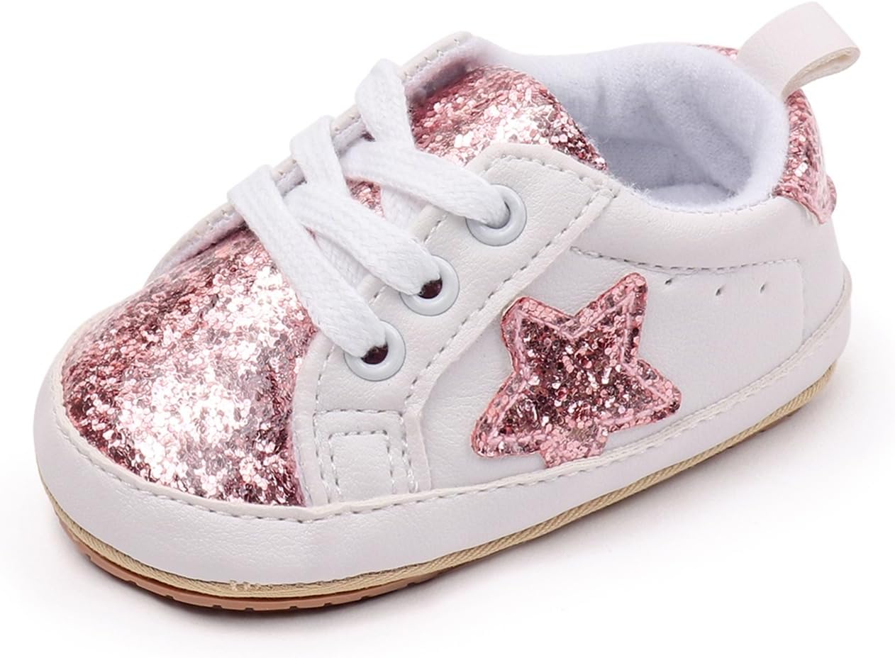 Baby Sneakers Contrast Color Sequins Shoelace Soft Sole Non-Slip Infant First Walking Shoes for Spring Fall 0-18 M
