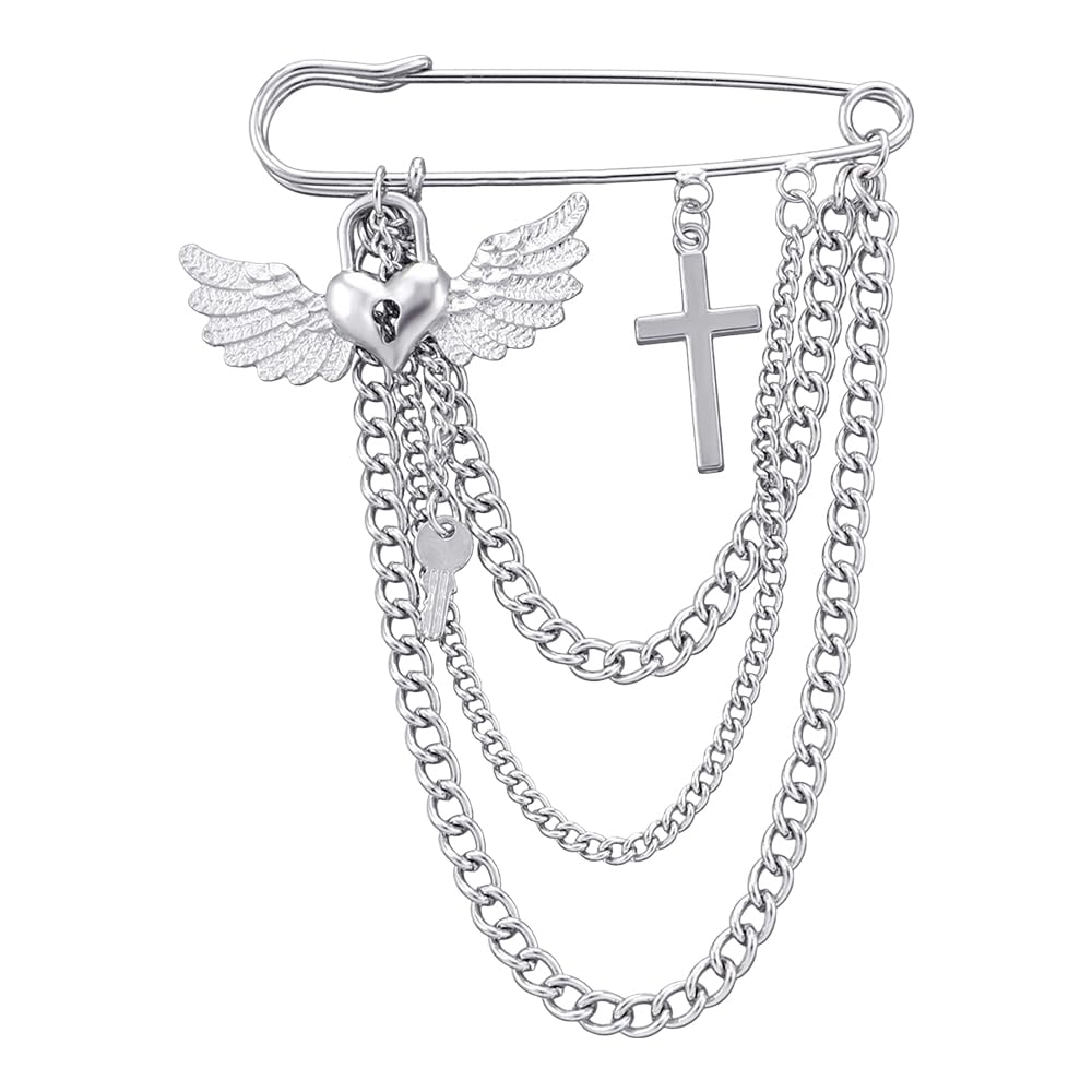 Safety Pin Brooch with Hanging Chains Charms Decorative Punk Goth Collar Brooches Pin for Sweater Dress Skirt Tie Pins Emo Pins