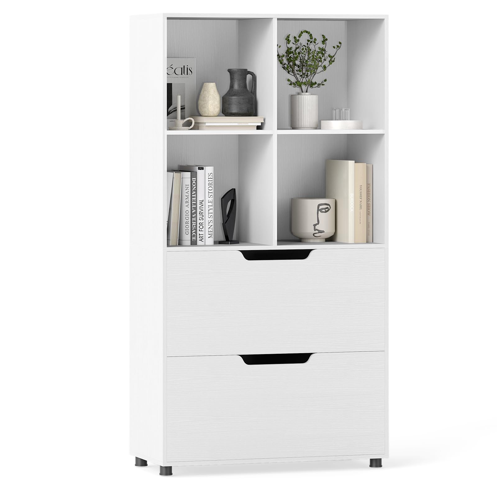 COSTWAY Libreria a 4 Cubi con 2 Cassetti, Scaffale Alto a 5 Ripiani da 130 cm, Libreria Moderna a Cubi Aperti, Organizer in Legno per Soggiorno, Studio, Ufficio Domestico (Bianco)