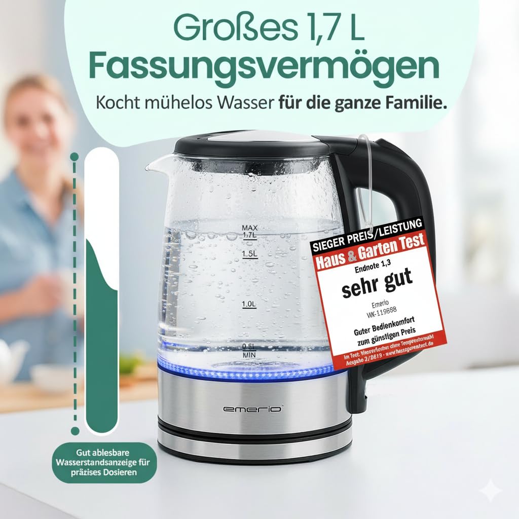 Emerio Bollitore in vetro WK-119988, 1,7 litri, 2200 watt, illuminazione interna a LED, base a 360°, rapporto prezzo/prestazioni vincente test home & garden 02/2019, 1,7 litri, nero, argento