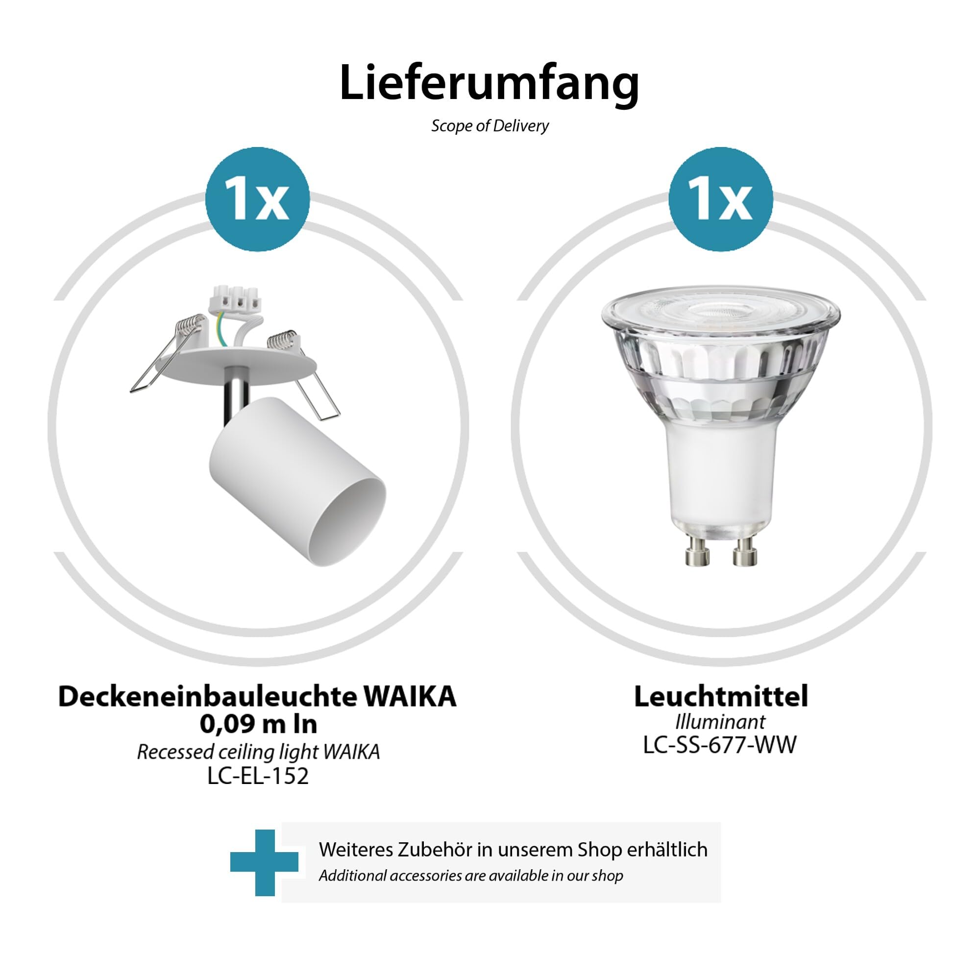 ledscom.de 5x Deckeneinbauleuchte WAIKA, weiß matt, inkl. GU10 LED (warmweiß, 7,6W, je 1103lm, 33°)