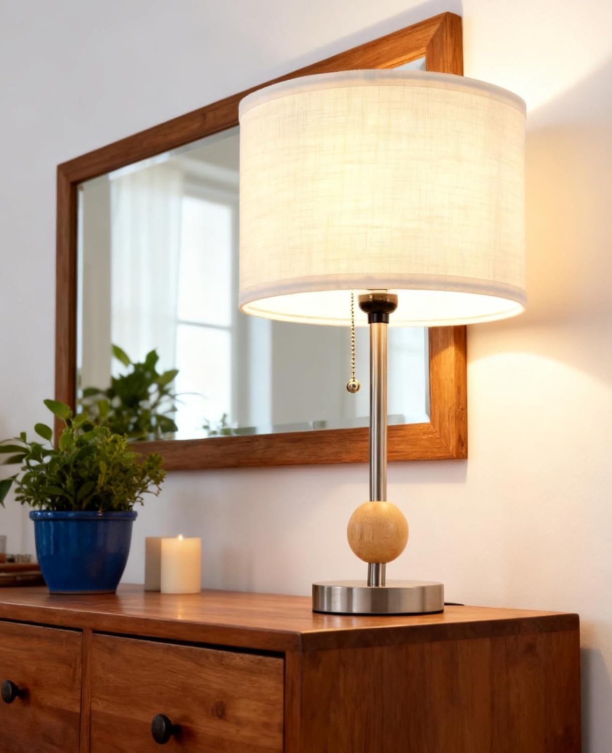 Small Table Lamps Set of 2, 17.7 Inch Bedside Lamp with Linen Shade, Metal Body, Wooden Accent and Pull Chain, Side Table Light for Bedroom Nightstand and Living Room, E26 Base without Bulbs